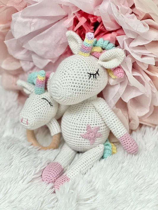 Handmade Rainbow The Unicorn Crochet Doll and Rattle - A Magical Friend for Your Little Dreamer