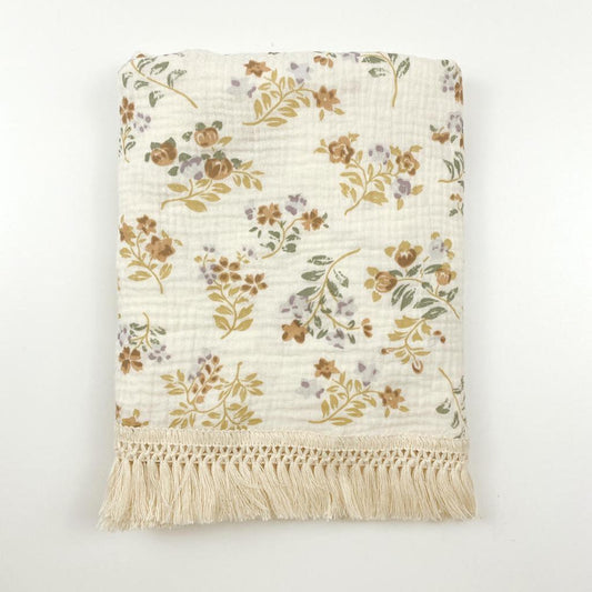 Muslin Cotton Fringe Swaddle ~ Floral/ Baby Swaddle